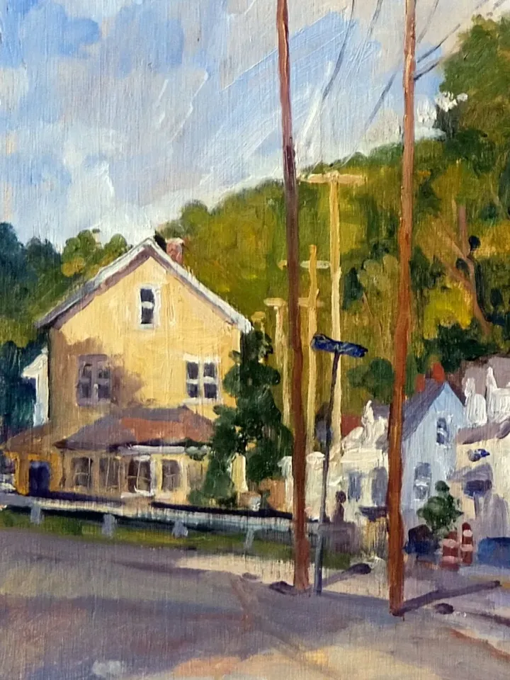 Original Landscape Painting - Houses and Poles/September - 12x24 Oil on Panel, American Impressionist Plein Air Oil, Original Fine Art