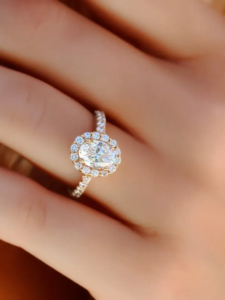 OVAL ENGAGEMENT RING | Halo Oval Cut Moissanite Ring | Rose Gold 1.5 Ct Simulated Diamond Ring | Women Wedding Gifts | Engagement Ring Band