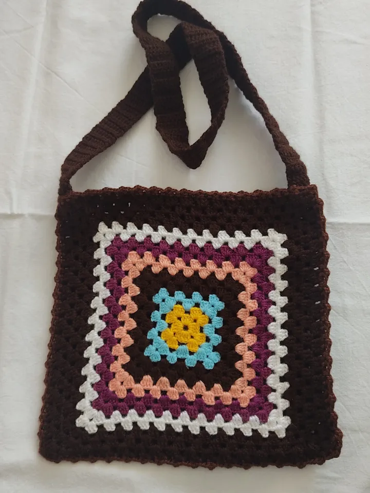 Boho Knitting Bag, Crochet Bag, Granny Square Bag, Crochet Shoulder Bag, Gift For Her, Mother's Day, Vintage Style Bag