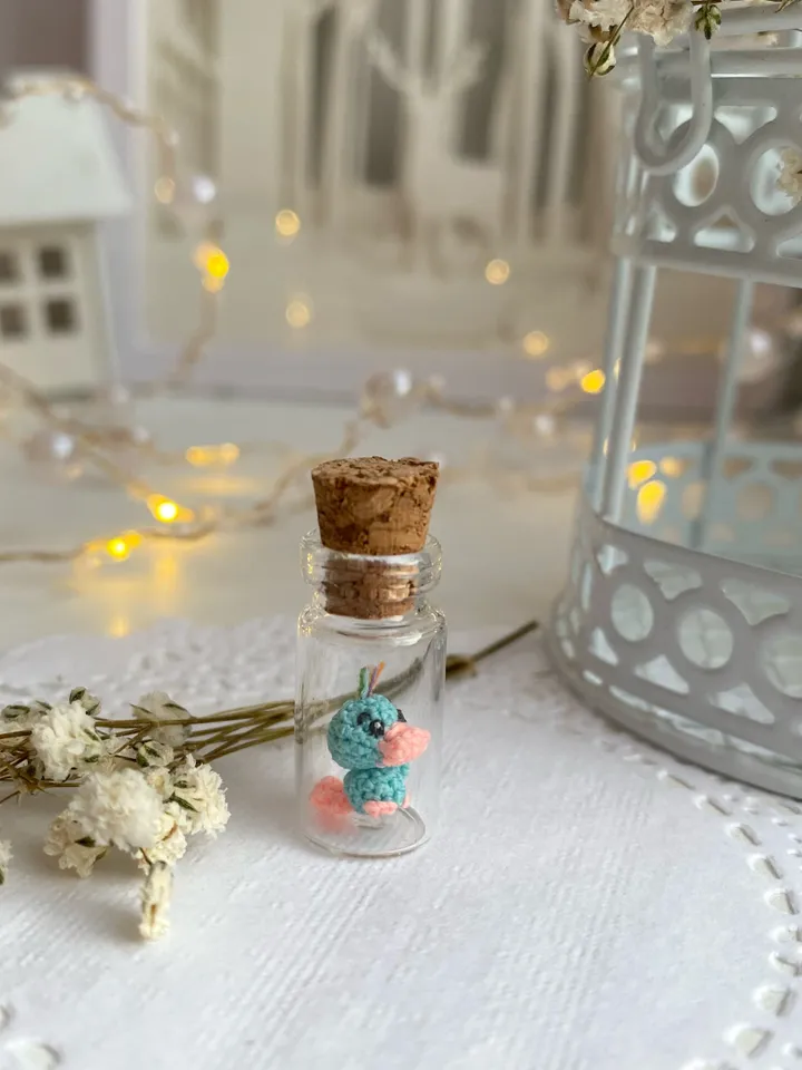 Micro crochet animals in glass bottle necklace long distance gift for best friends mini figurines glow in the dark