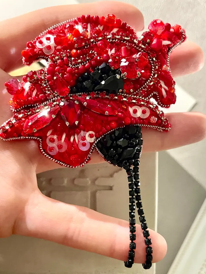 Poppy Brooch in Red and Black Colors, Handmade Embroidered Accessory, Flower Pin, Flower Brooch, Red Brooch