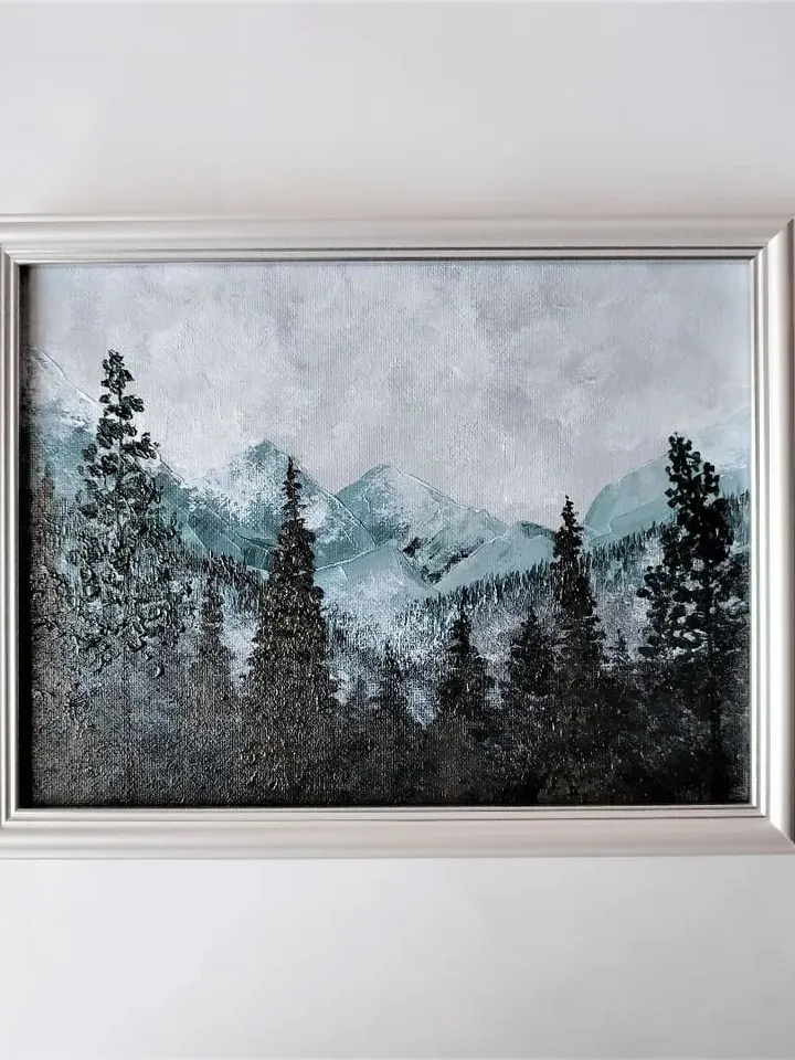 Forest Mountain Landscape Acrylic Painting Framed Art