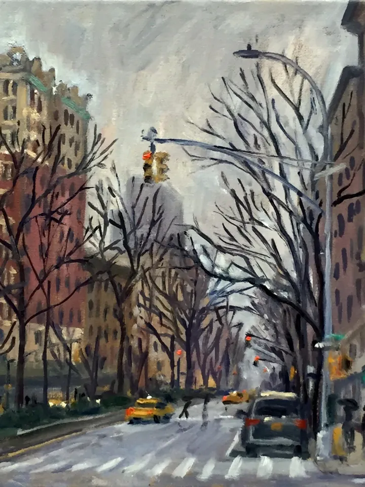 Original New York Cityscape - Winter Grey/Broadway/Upper West Side/NYC- 12x12 Oil on Canvas, Impressionist Landscape, Signed Original