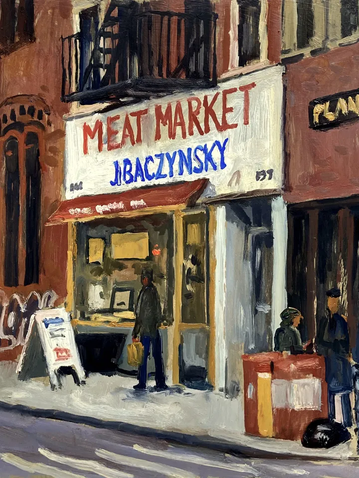 New York City Painting - East Village Meat Market / NYC - 8x10 Oil on Panel, Urban Impressionism, Signed Original Cityscape