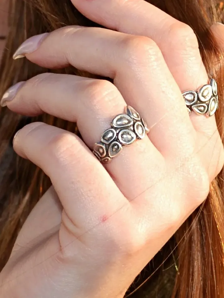 Antique Silver Pebble Ring, Bohemian Geometric Design, Minimal Ring Circles Engraved, Women Open Ring Adjustable, Gifts for Her