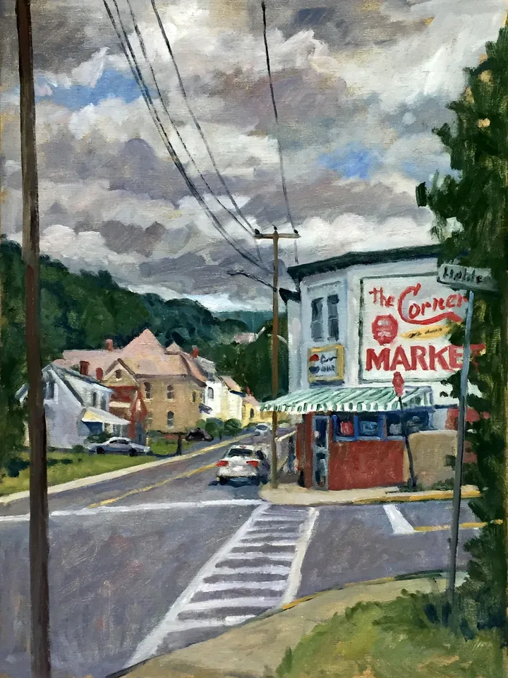 Large Landscape Painting - Corner Market- 18x24 Oil on Canvas, American Plein Air Impressionist Cityscape, Signed Original