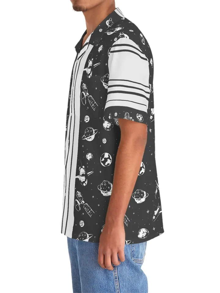Spaceman Hawaiian Shirt | Short Sleeve Space Hawaiian Aloha Button Shirt, Tropical Christmas Vacation Top, Polyester Summer Beach Gift