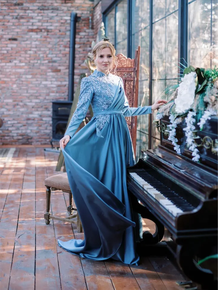 AHUNARE HIJAB - Lara Roza İndigo Satin Wedding Dress, Muslim Evening Gown, Nikah, Islamic Wedding, Engagement, Bridesmaid,