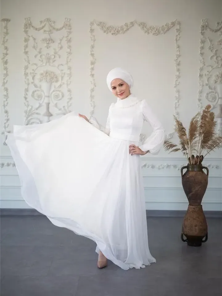 AHUNARE HIJAB - İncioya - White Embroidered Belted Wedding Dress, Muslim Evening Gown, Nikah, Islamic Wedding, Engagement, Bridesmaid,