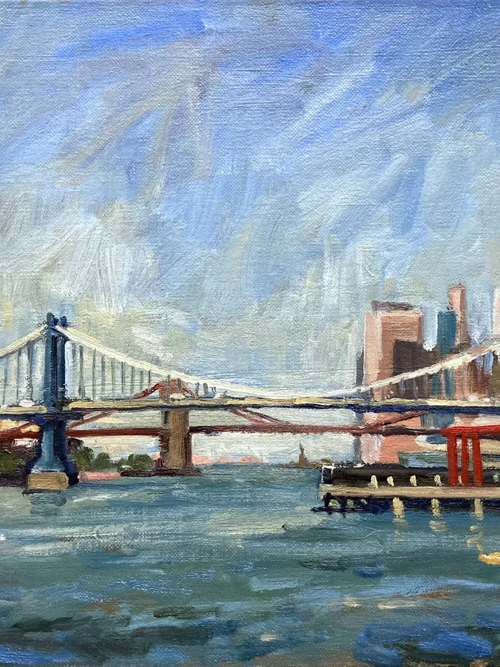 Original New York Cityscape Painting - Brooklyn Manhattan Bridges/NYC - 12x18 Oil on Canvas, Fine Art, Signed Impressionist Landscape
