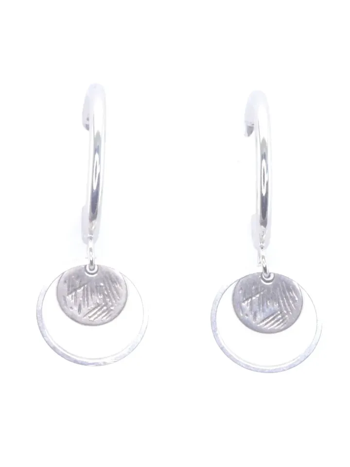 Dangle Hoops with Coin Charm, Silver Circle Disk Earrings, Dainty Minimalist Jewelry Women, Boho Open Hollow Hoops with Coins, Gifts for Her