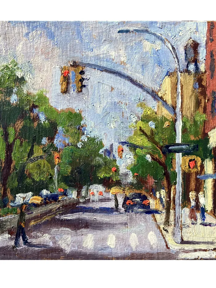 Small Original New York Cityscape Painting - From Broadway and 148th/NYC - 4x4 Oil on Panel, New York Urban Impressionist Landscape