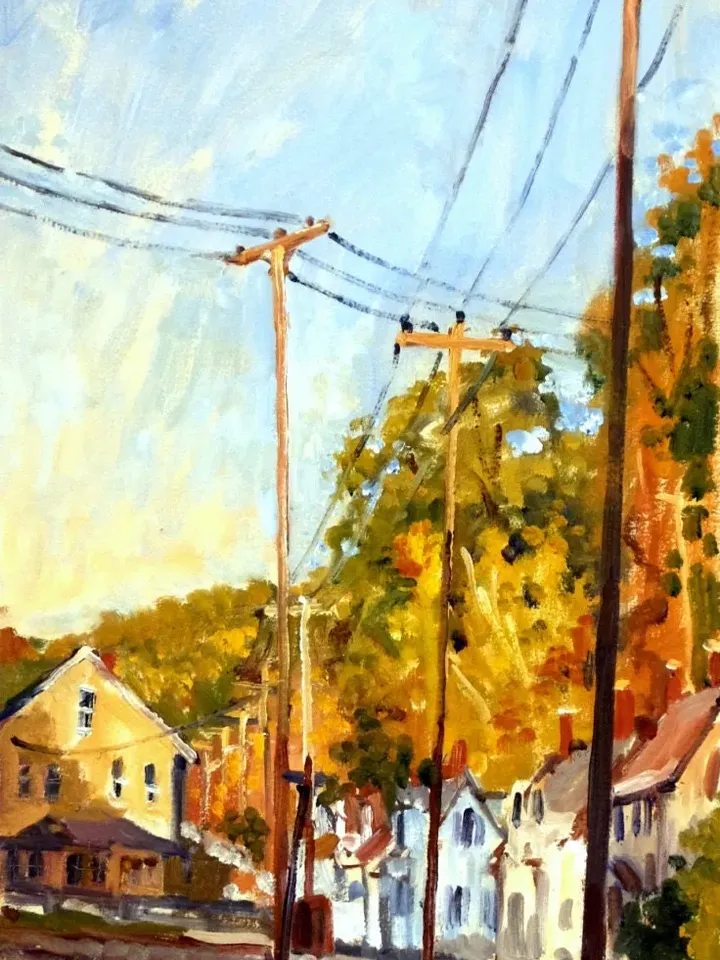 10x20 Autumn Landscape Painting -Houses and Poles/Fall Afternoon- Oil on Panel, Plein Air Impressionism, Signed Original American Fine Art