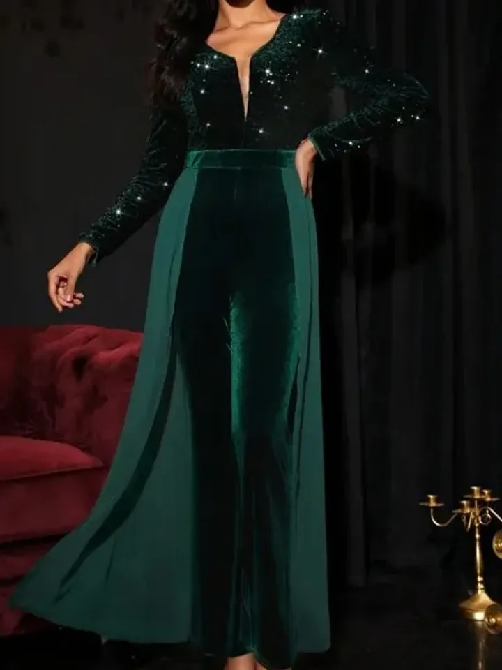 Sequin Velvet V Neck Long Sleeve Flare Leg Jumpsuit With Mesh Skirt Party Prom Cocktail Wedding Evening Women Ladies