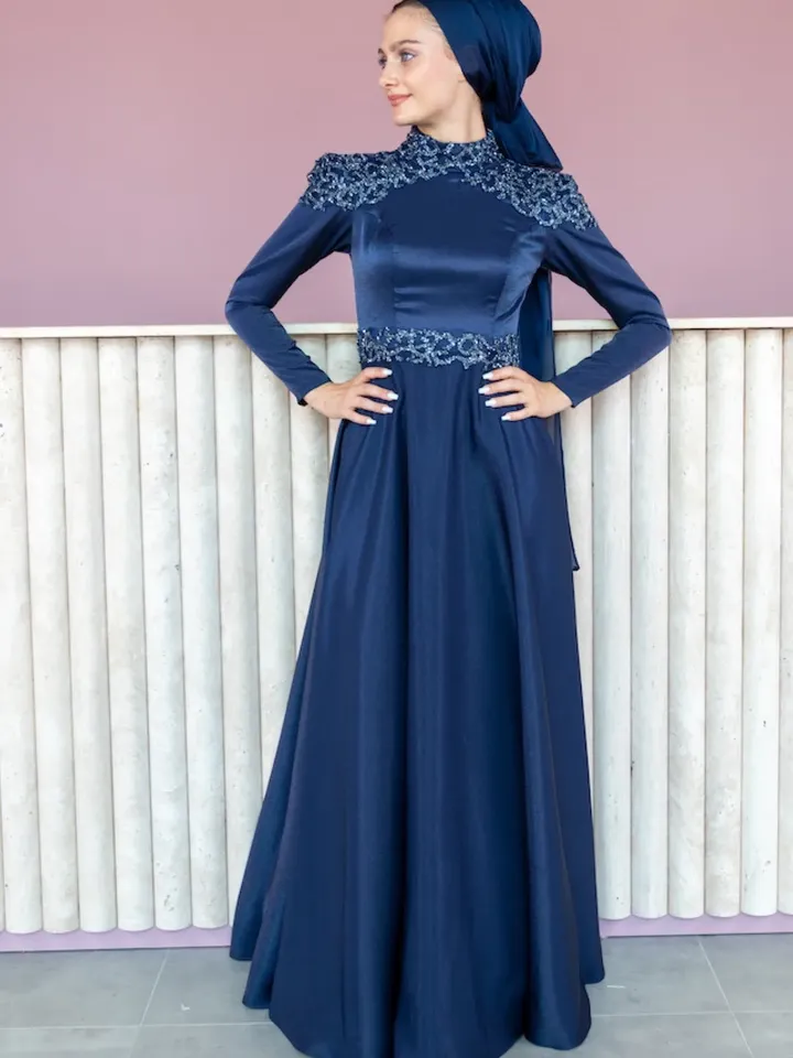 AHUNARE HIJAB - Bade Dress, Satin Dress, Navy Blue Color, Muslim Evening Dress, Nikah, Wedding, Engagement, Bridesmaid, ,