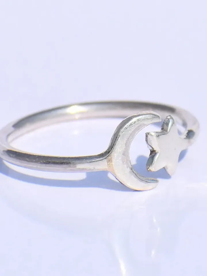 Silver Star Ring, Silver Crescent Ring, 925 Silver Ring, Handmade Ring, Adjustable Ring, Silver Dainty Ring, Bohemian Ring, Stacking Jewelry
