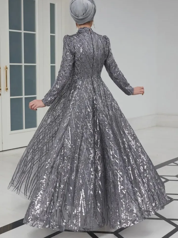 AHUNARE HIJAB - Prenses Grey Embroidered Wedding Dress, Muslim Evening Gown, Nikah, Islamic Wedding, Engagement, Bridesmaid,