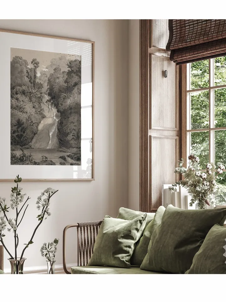 Waterfall Painting Jungle Art Print, Muted Landscape, Vintage Printable Wall Decor Download | 159
