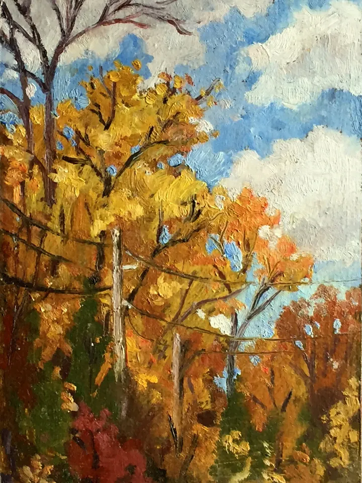 Small Autumn Landscape Painting -Tree Glow- 5x7 Oil on Panel, American Plein Air Impressionist Landscape, Fall Foliage Scenic Fine Art