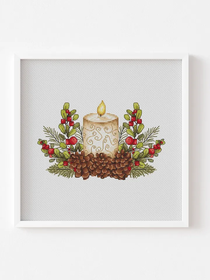 Christmas Candle Cross Stitch Pattern PDF, Winter Cross Stitch Chart Instant Download, New Year Hand Embroidery Pattern