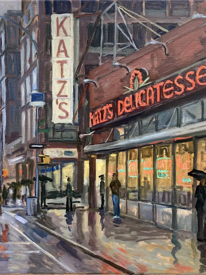 Large New York Cityscape Painting - Katz's Delicatessen/NYCRain- 18x24 Oil on Linen, Lower East Realist Street Scene, Signed Original