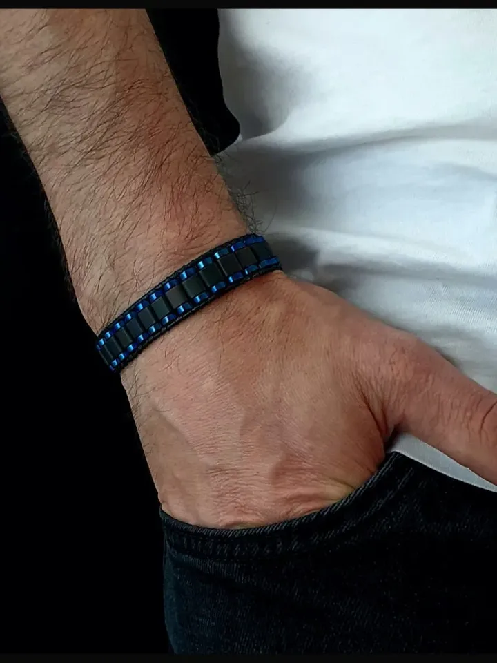 Matte Black Hematite Bracelet, Blue Hematite Gemstone Jewelry, Mens Gift, Classy Design Accessory, Formal Wristlet, Anniversary Gift