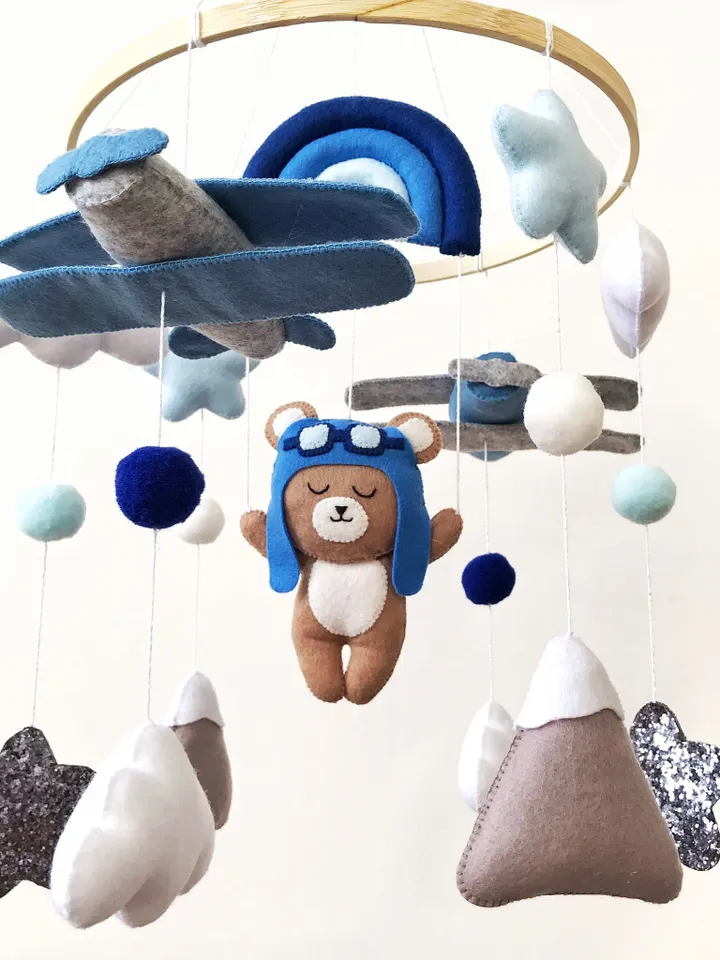 Pilot bear baby mobile. Airplane mobile for travel nursery. Rainbow mobile boy. Adventure nursery decor. Woodland mobile