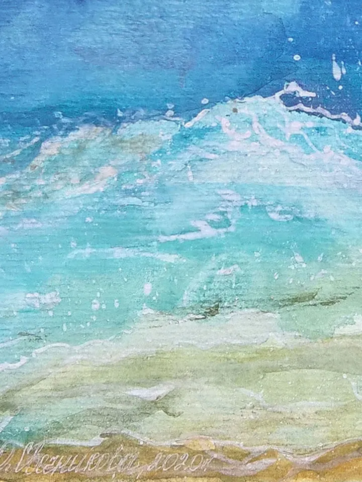 Watercolor painting depicting a sea wave and sailboat. Original watercolor painting