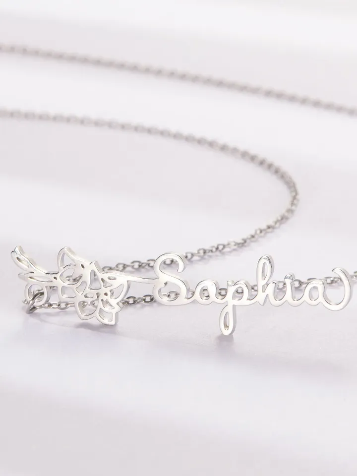 PERIMADE Birth Flower Name Necklace • Custom ID Initial Name Necklace • Sentimental Best Friend Jewelry • Trendy Bridesmaid Birthday Gift
