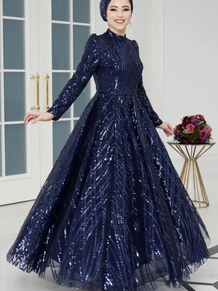 AHUNARE HIJAB - Prenses Navy Blue Embroidered Wedding Dress, Muslim Evening Gown, Nikah, Islamic Wedding, Engagement, Bridesmaid,