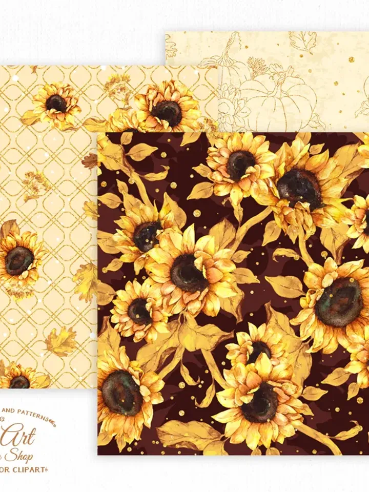 Digital paper pack. Watercolor sunflower and Pumpkin clipart digital backgrounds