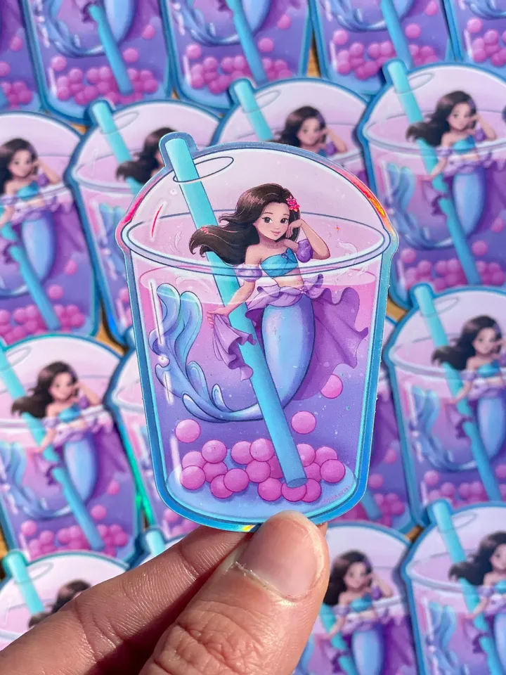 Kawaii Boba Tea Mermaid Princess Holographic Sticker | Hydroflask Sticker | Laptop Sticker | Phone Sticker | Small Gift | Kids Gift |Glitter