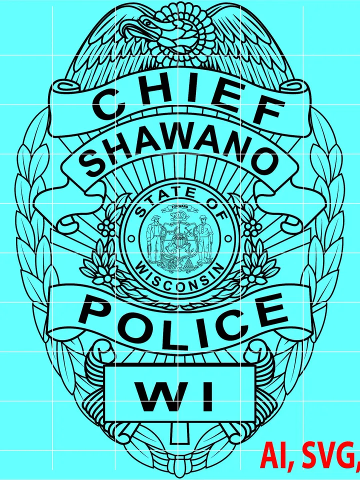 State of Wisconsin Shawano Chief Police Badge, Logo, Seal, Custom, Ai, Vector, SVG, DXF, PNG, Digital