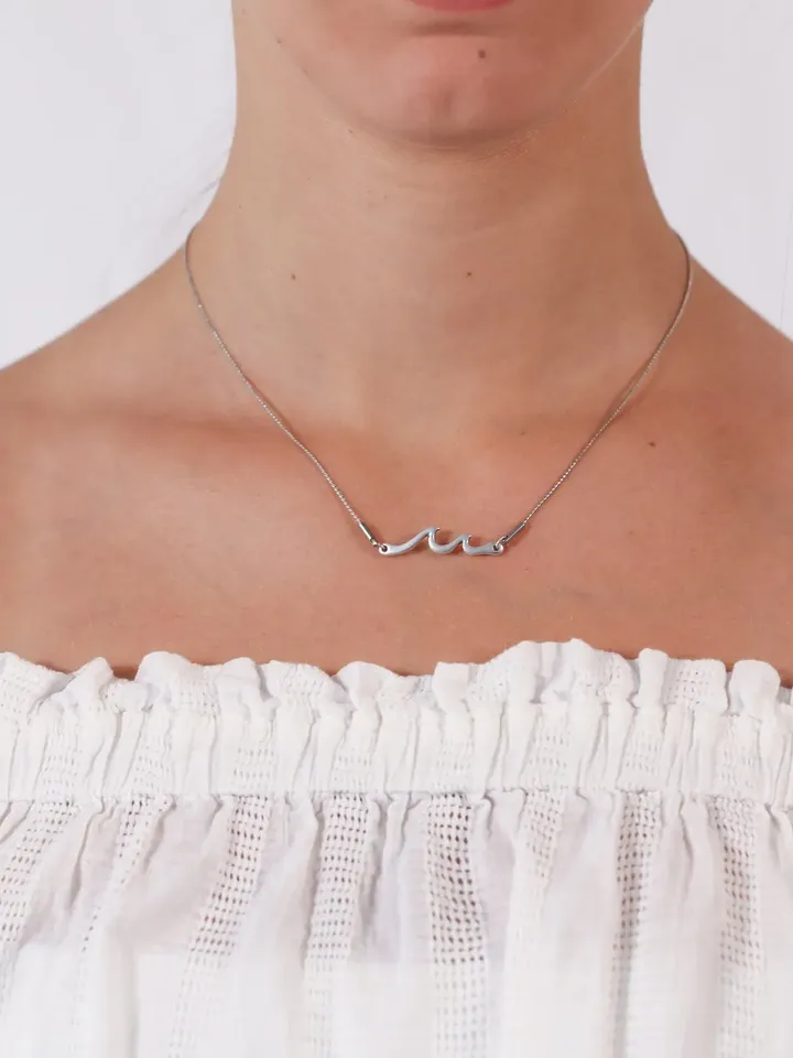 Ocean Wave Necklace Silver, Gifts for Surfer Girl Surf Ripple Wave Charm, Dainty Summer Beach Simple Minimalist Elegant Jewelry Silver