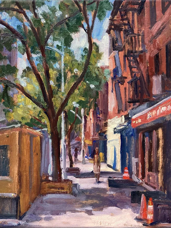 East Village Cityscape Painting - From East 6th Street/NYC - 8x10 Oil on Linen, Urban Impressionist Oil, Signed Original