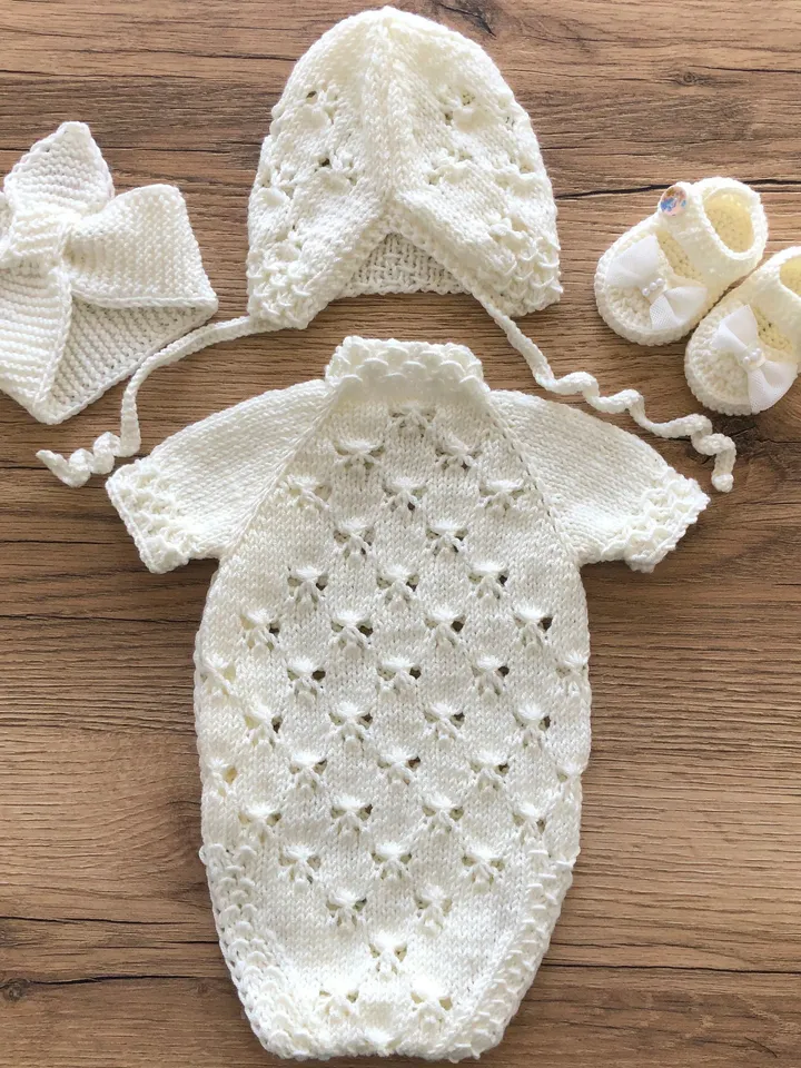Ivory romper, headband, hat and booties. Photo props for baby girl. Take home outfit for girl.