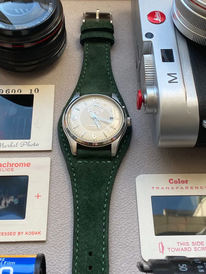 Green Suede Leather Cuff Band, Leather Watch Strap in 20mm, Bund Strap, Mens Wristwatch Band, Uhrenarmband, Armband, Valentines Day Gift