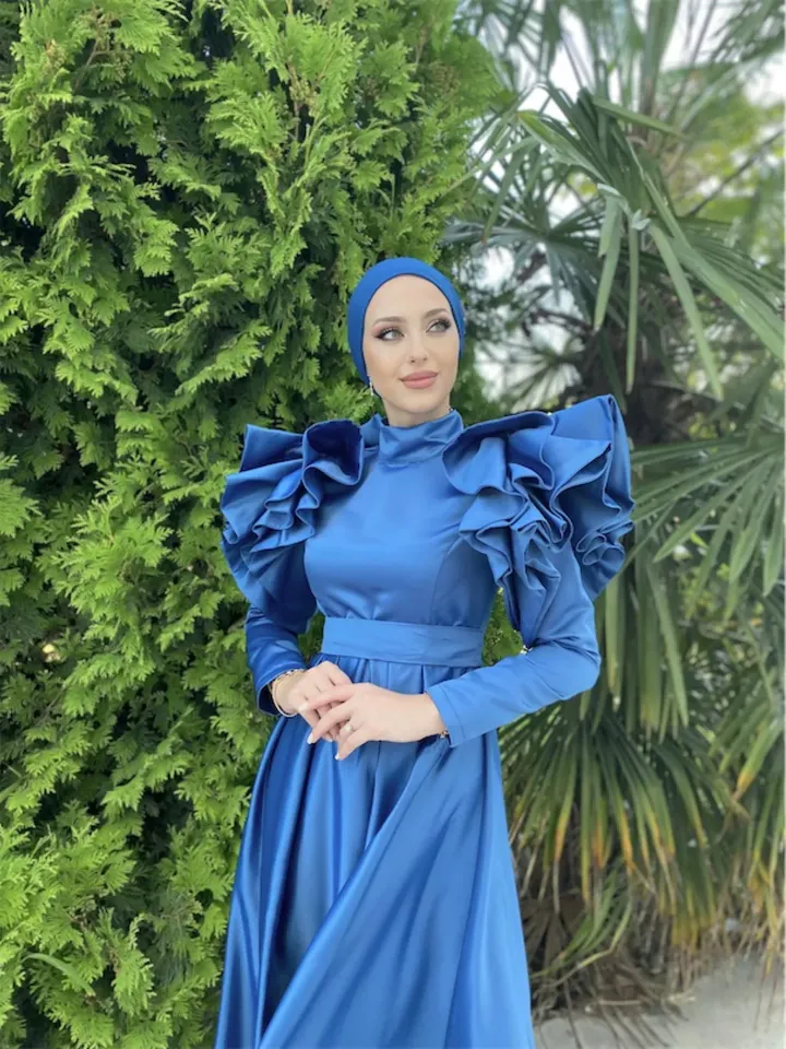 Defne Ahunare Blue Satin Shoulder Detail Wedding Dress, Muslim Evening Gown, Nikah, Islamic Wedding, Engagement, Bridesmaid, Maxi Dress