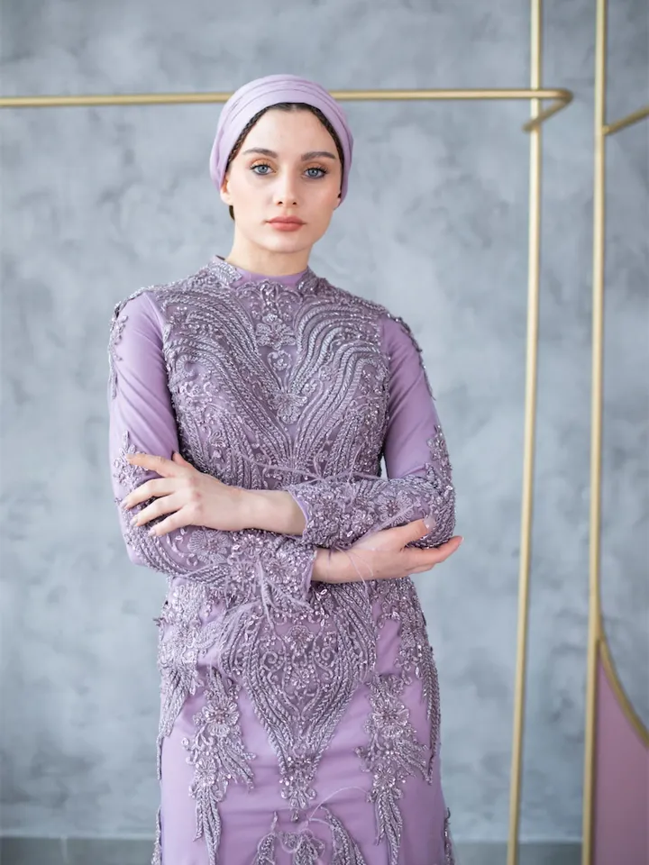 AHUNARE HIJAB - Laiya lilac Mermaid Embroidered Handwork Wedding Dress, Muslim Evening Gown, Islamic Wedding, Engagement, Bridesmaid,