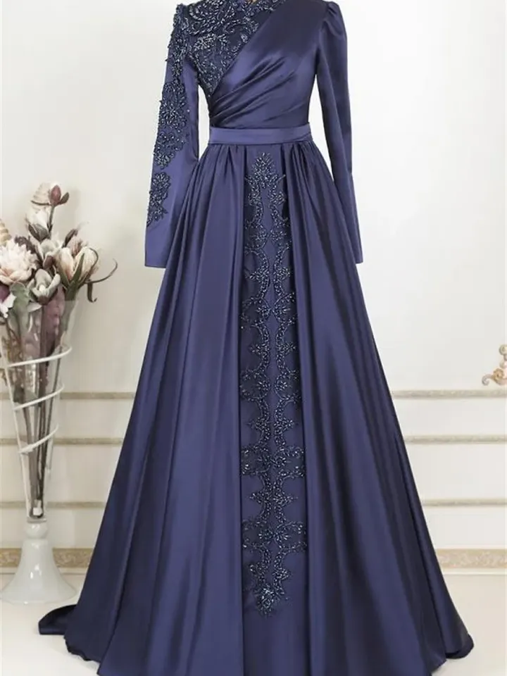 AHUNARE HIJAB - Hürrem Navy Blue Embroidered Wedding Dress, Muslim Evening Gown, Nikah, Islamic Wedding, Engagement, Bridesmaid,