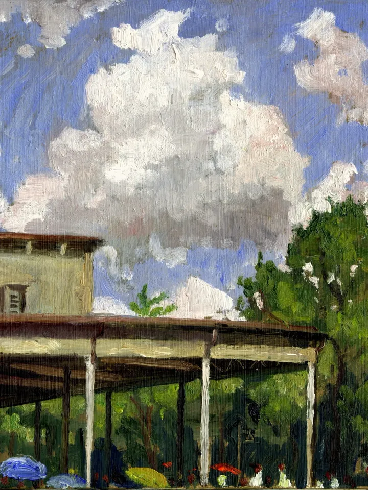 Original Tanglewood Landscape Painting - The Shed/Summer Clouds- 8x8 Oil on Panel, Impressionist Plein Air Landscape, Signed Original