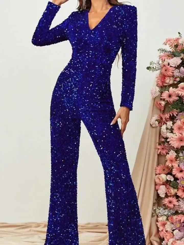 Royal Blue Sequin V Neck Puff Sleeve Flare Leg Jumpsuit Wedding Party Evening Prom Cocktail Club Xmas Christmas