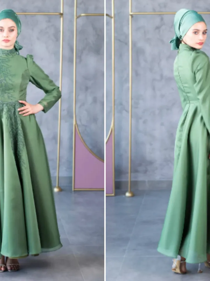 AHUNARE HIJAB - Mimoza Green Embroidered Wedding Dress, Muslim Evening Gown, Nikah, Islamic Wedding, Engagement, Bridesmaid,