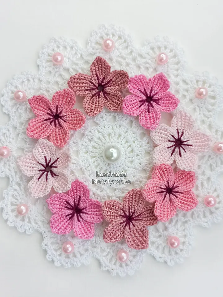 Pink Cherry blossoms, Set of 8 flowers, Sakura flowers appliques, Spring flowers, Crochet Mini Flower