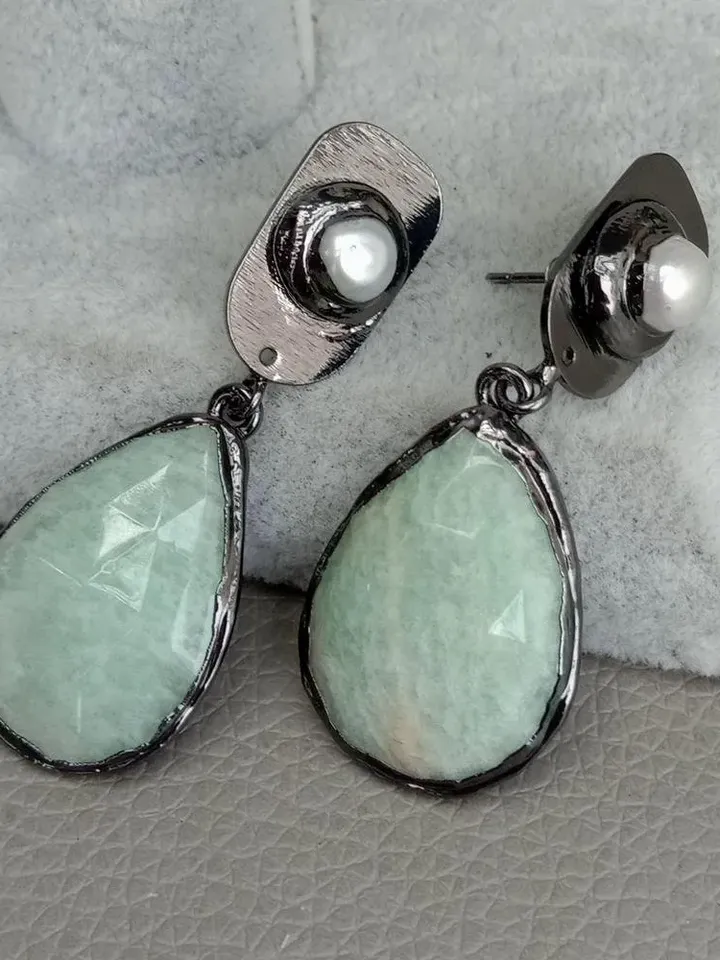 Green Gemstone Pearl Earrings, Amazonite Earrings, Teardrop Earrings, Amazonite and Pearl Earrings, Green Teardrop Earrings, Boho Jewellery