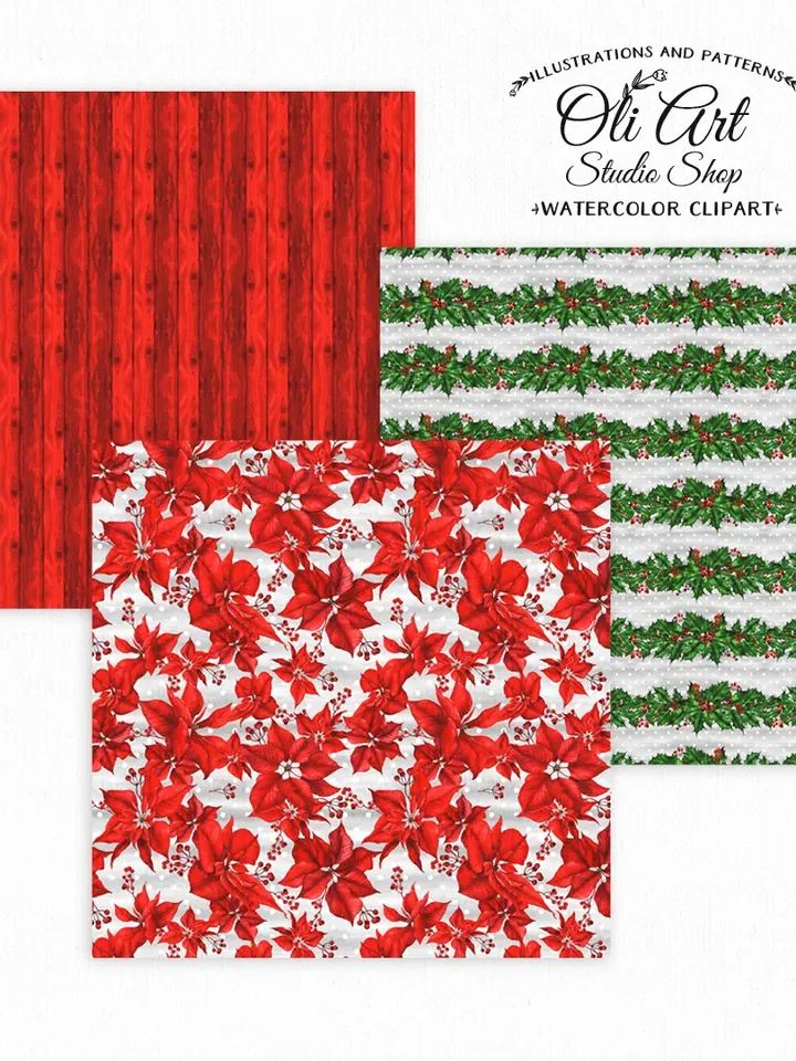 Download Seamless Patterns. Christmas. Xmas. Winter Poinsettia. JPG. Digital Download. OliArtStudioShop