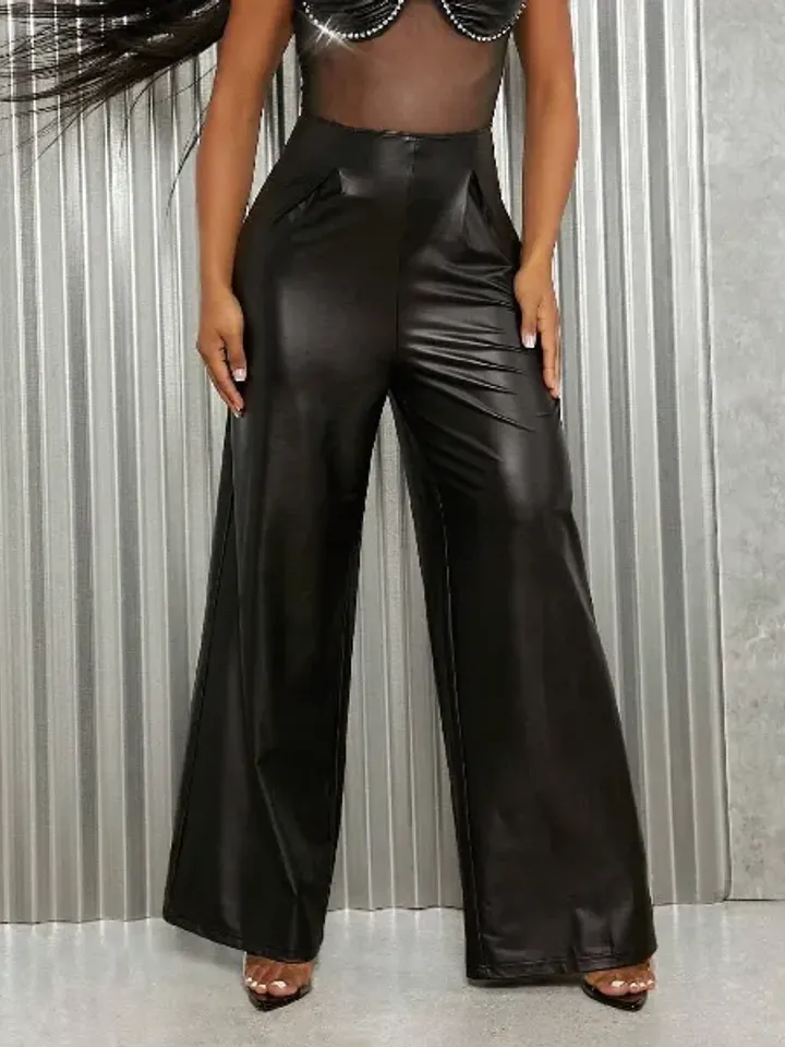 Faux PU Leather Rhinestone Beaded Spaghetti Strap Wide Leg Mesh Bustier Jumpsuit Women Ladies Casual Party Club