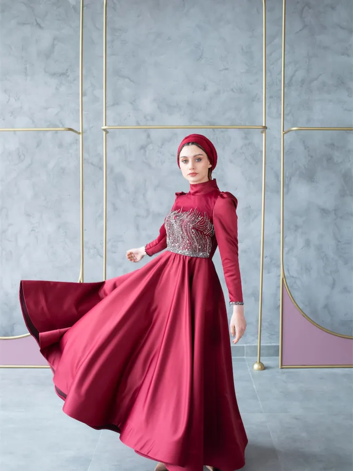 AHUNARE HIJAB - Pera Burgundy Satin Embroidered Tailed  Wedding Dress, Muslim Evening Gown,  Islamic Wedding, Engagement, Bridesmaid,