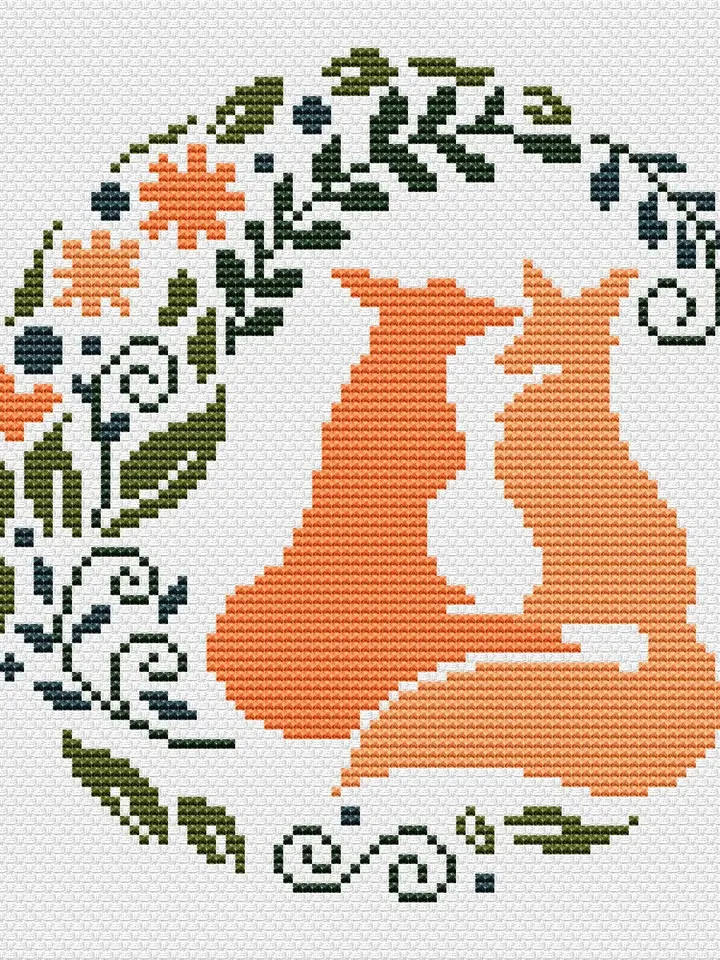 Fox Cross Stitch Pattern Modern, Foxes Cross stitch pattern PDF, Silhouette of foxes with leaf ornament