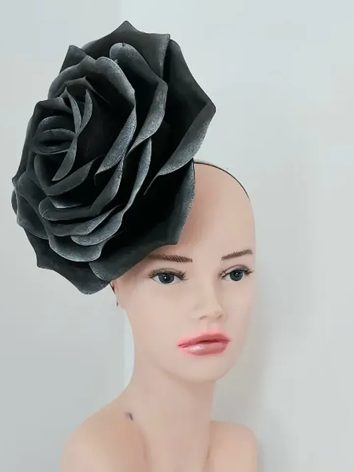 Black Snow Rose Fascinator Magic Flower Hair Clip Wedding Headband Church Hat Halloween Gothic style